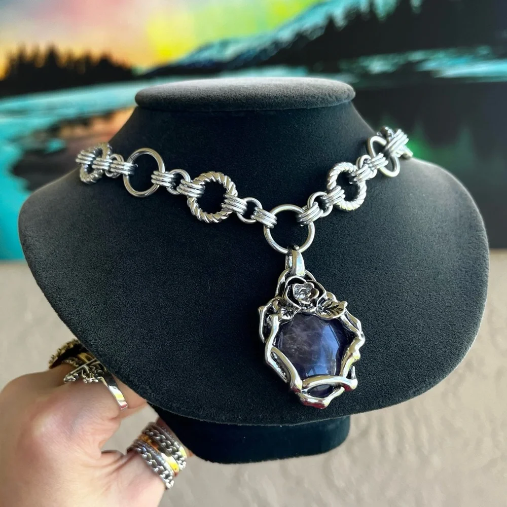 SOLD ON DEP steel necklace double chain purple amethyst gemstone flower charm - Picture 9 of 11